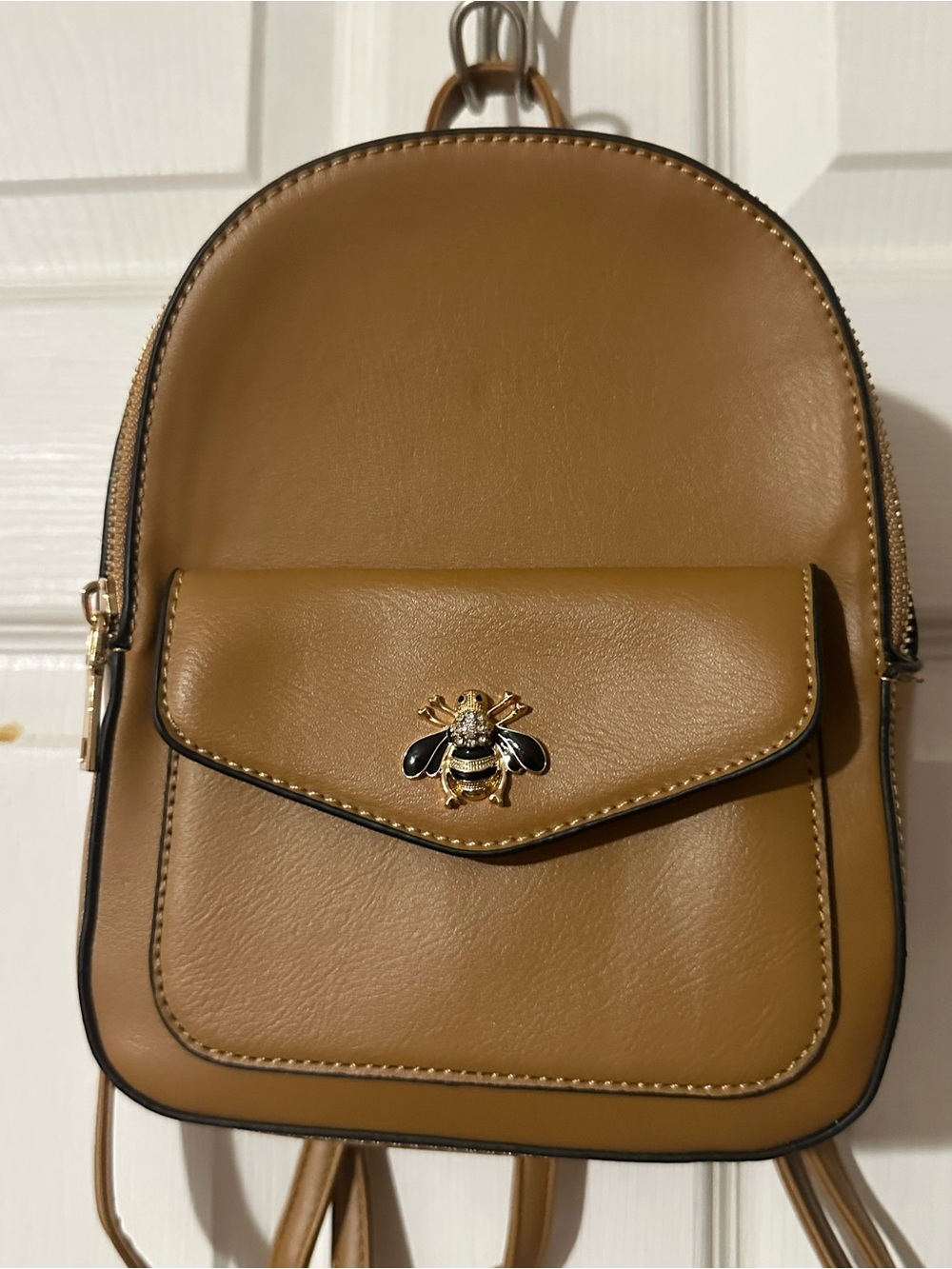 Tan Mini Backpack with Gold Bee Accent